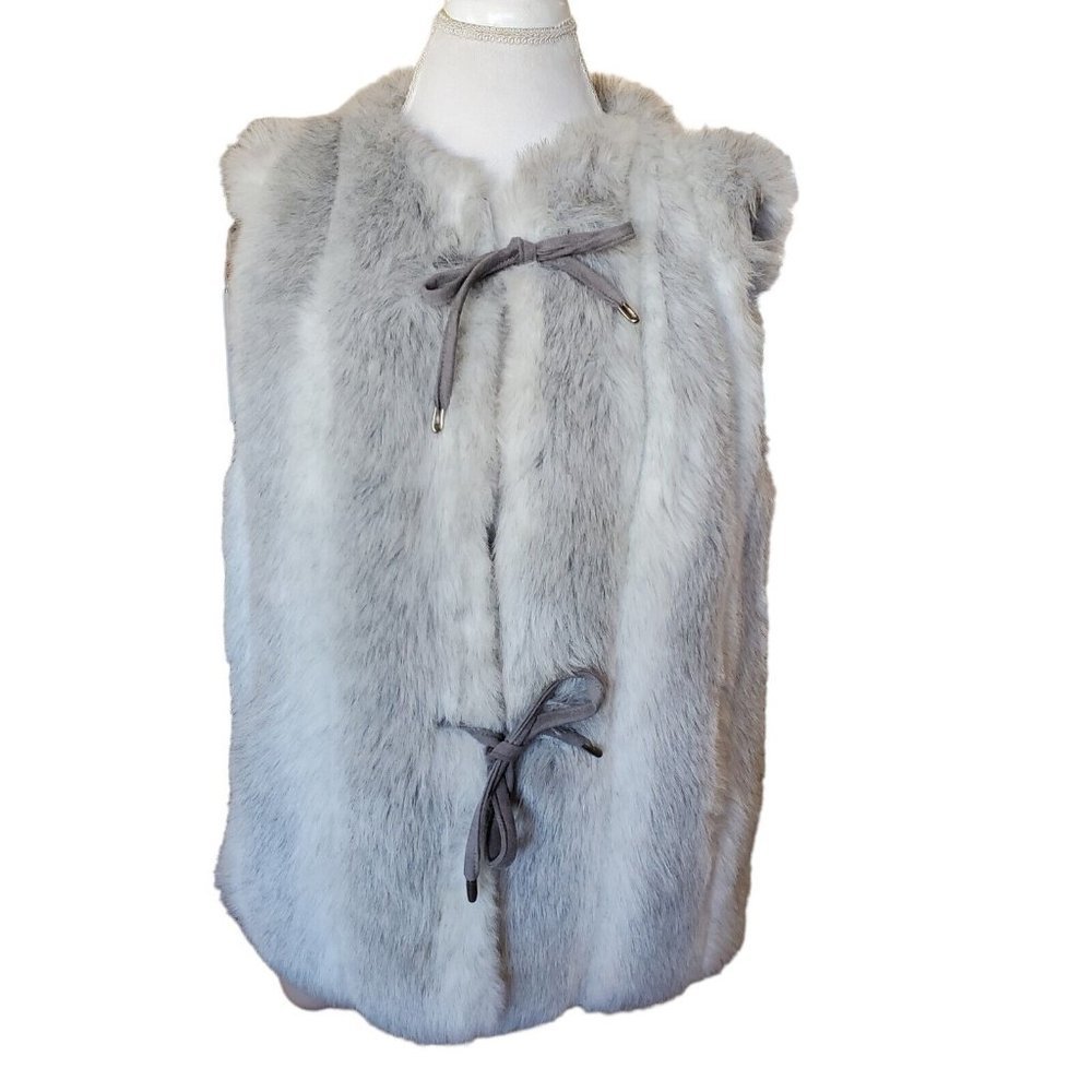 Vintage 80s Sz M Taupe Cream Gray Faux Fur Mink Vest Tie Closure Satin Lined